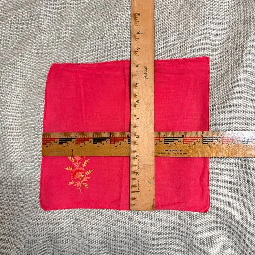 Vintage Red Embroidered Handkerchief Floral Cotton Cotton Hankie